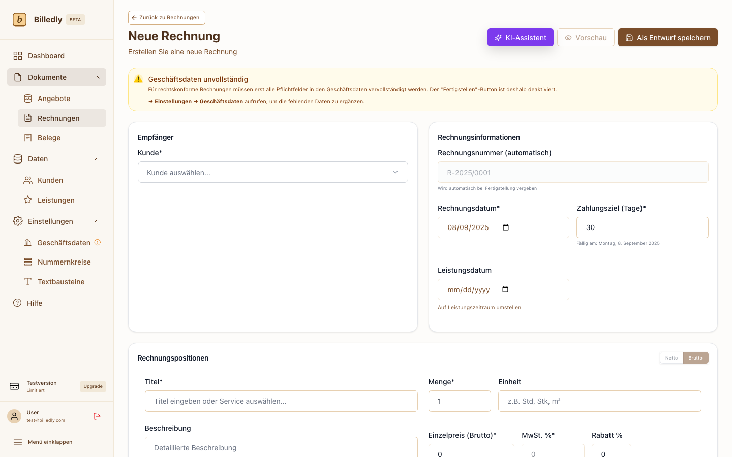 Neue Rechnung – Formular